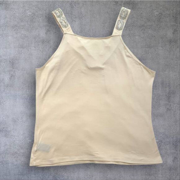Tank Top Large Cream with Sequin Embellished V Neckline Work To Weekend Shirt - Picture 3 of 9